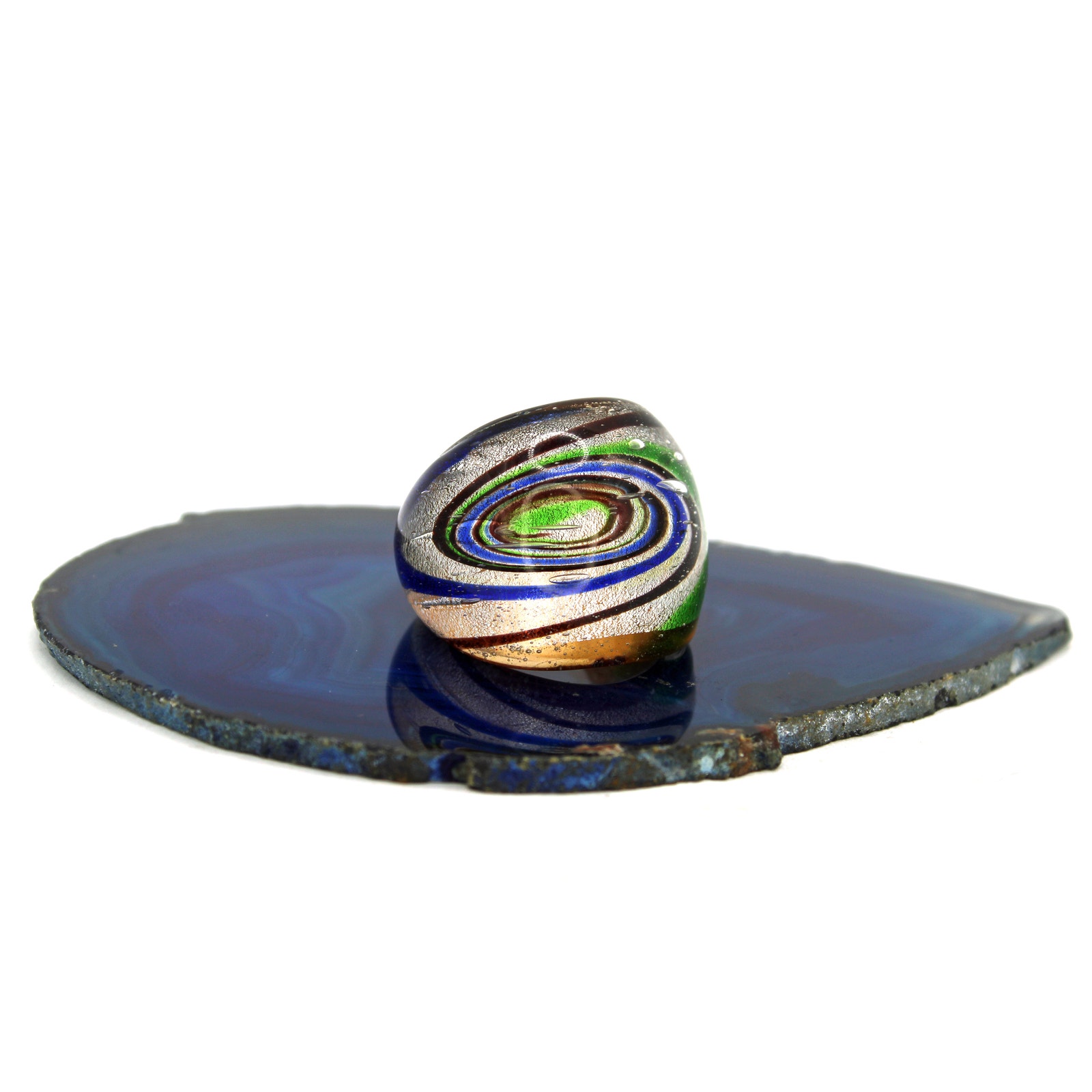 1970's Handblown Green, Blue And Black Swirl On Silver Glitter Glass Ring